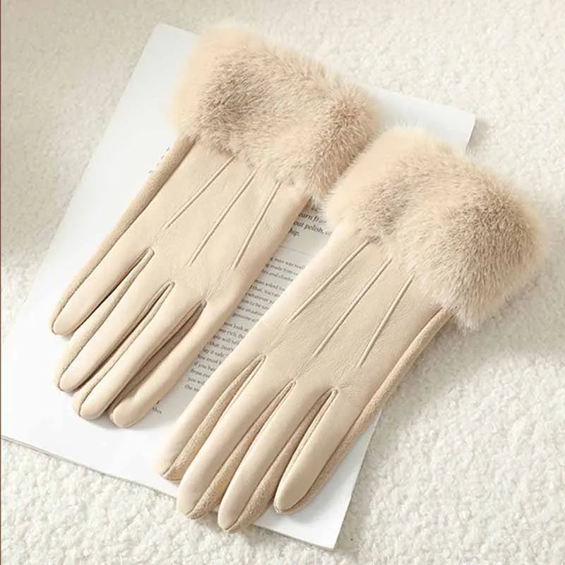 Winter Luxury Women's PU Leather Gloves Wrist Soft Faux Fur Trim Cuff Fashion Elegant Party Warm Touch Screen Drive Cycling Beauty World Shop