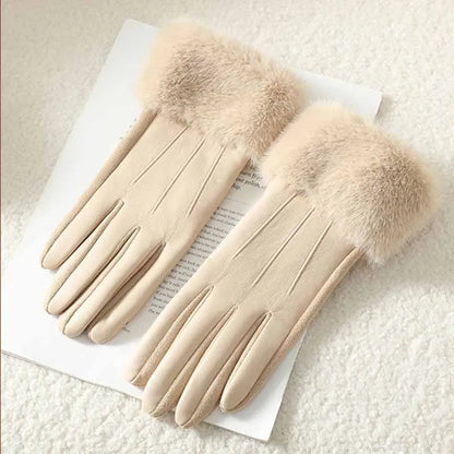 Winter Luxury Women's PU Leather Gloves Wrist Soft Faux Fur Trim Cuff Fashion Elegant Party Warm Touch Screen Drive Cycling Beauty World Shop