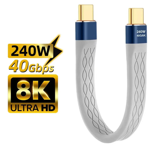 Type-C to Type-C 240W Short Cable Fast Charging USB-C Cord 40Gbps Data Transfer 8K Flat Slim FPC Data Charge Extension Cable ﻿ Beauty World Shop
