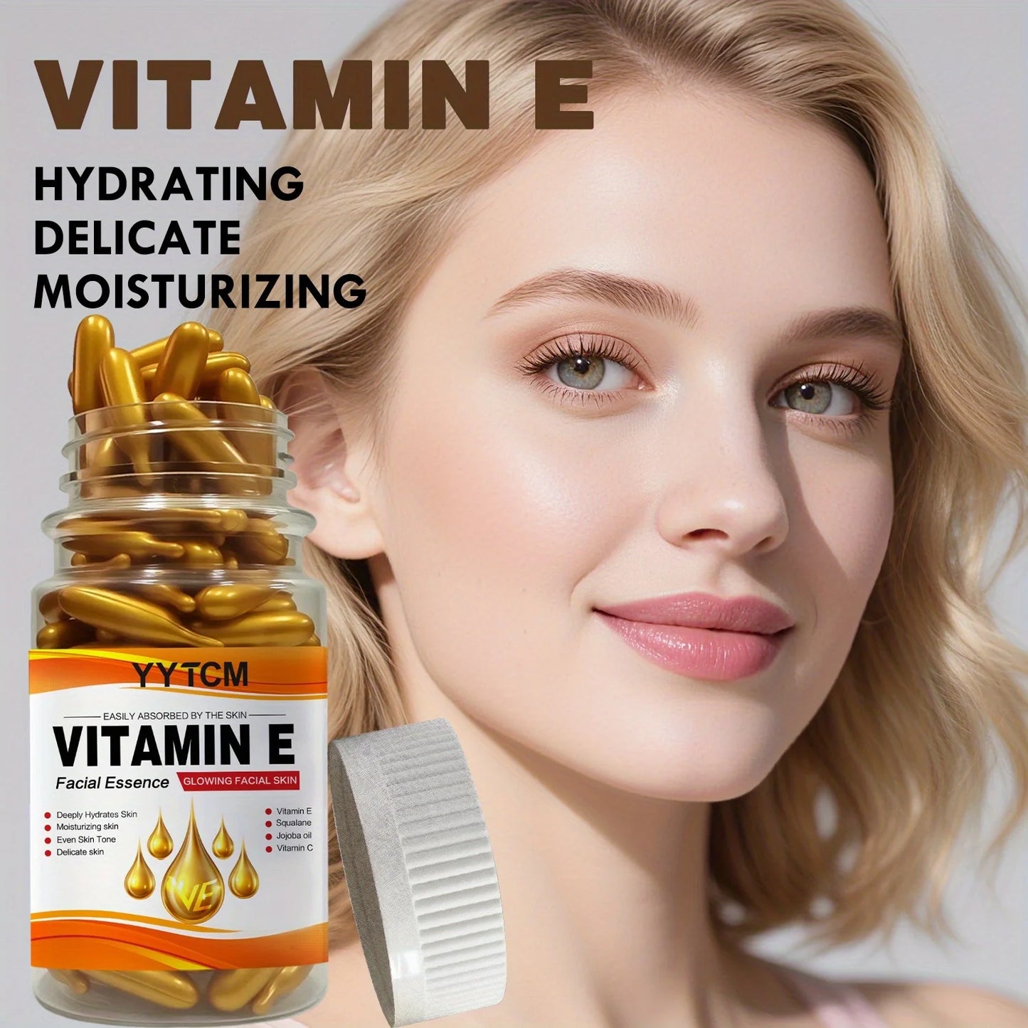 Vitamin E Deep Moisturizing Capsule Essence, Hydrates and Smooths Skin, Contains Plant-Based Squalane, Vitamin C, Deep Hydration and Skin Brightening Essence (0.4Gx90 Capsules)/Bottle-1 Bottle Beauty World Shop