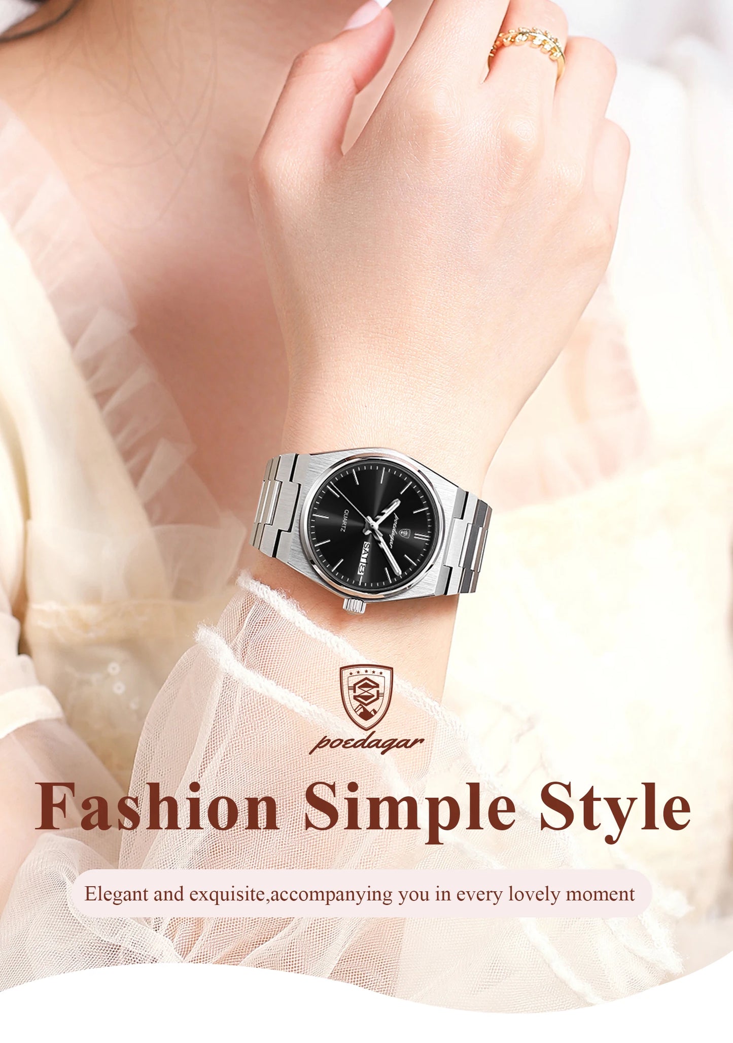 POEDAGAR Elegant Woman's Watch Date Week Waterproof Luminous Ladies Clock Quartz Stainless Steel Fashion Watches For Women Reloj Beauty World Shop