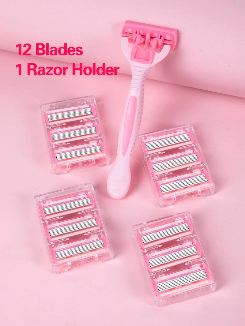 1 Handle + 12 / 17 Blades/ Men Women Manual Safety razor 6-Layer Stainless Steel Hair Removal Shaving Replaceable Shaver Head Beauty World Shop
