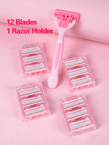 1 Handle + 12 / 17 Blades/ Men Women Manual Safety razor 6-Layer Stainless Steel Hair Removal Shaving Replaceable Shaver Head Beauty World Shop