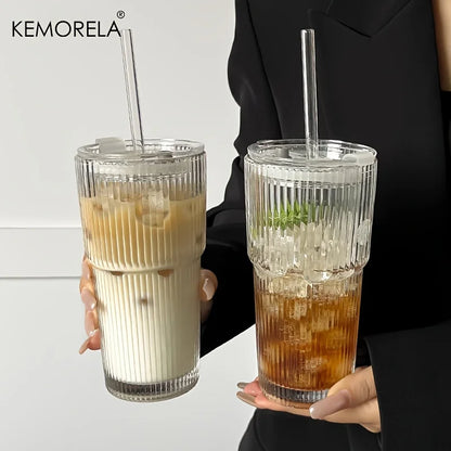 600ML Stripe Glass Coffee Cup With Lid and Without Cover Straw Transparent Drinking Glasses for Juice Iced Coffee Mugs Drinkware Beauty World Shop