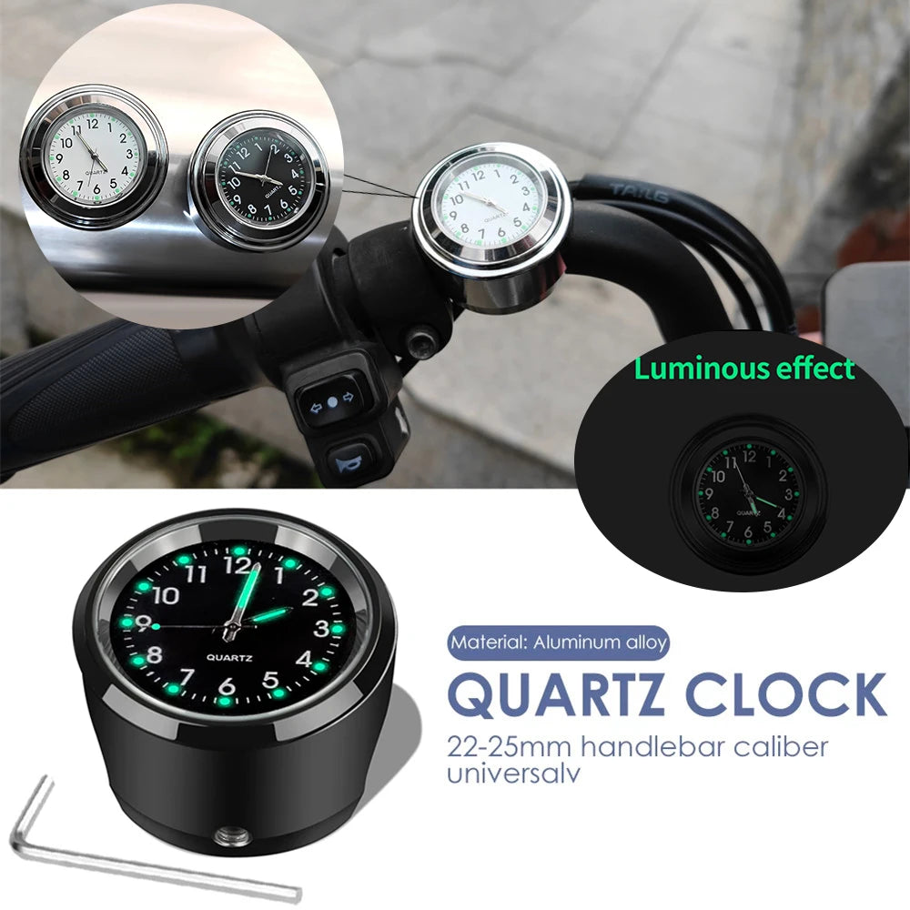 Aluminum Quartz Watch Luminous Clock Handlebar Mount for Motorcycle Scooter Bicycle Handlebar Waterproof Time Display Universal Beauty World Shop