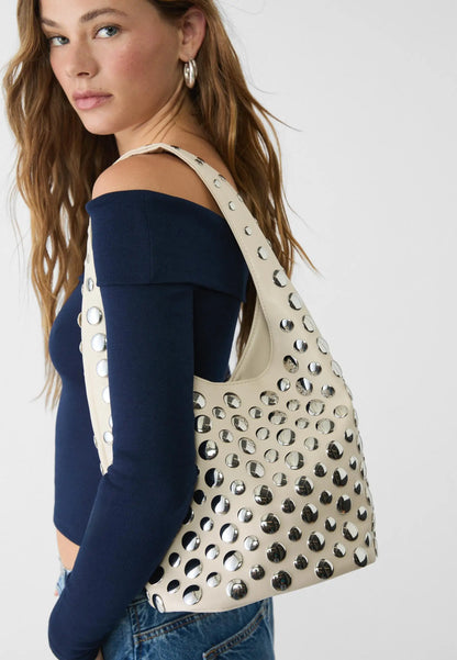 Punk Style Embellished Double-Faced round Rivet Inlaid Niche Luxury Bucket Bag Chic Lady Underarm Large Capacity Shoulder Bag