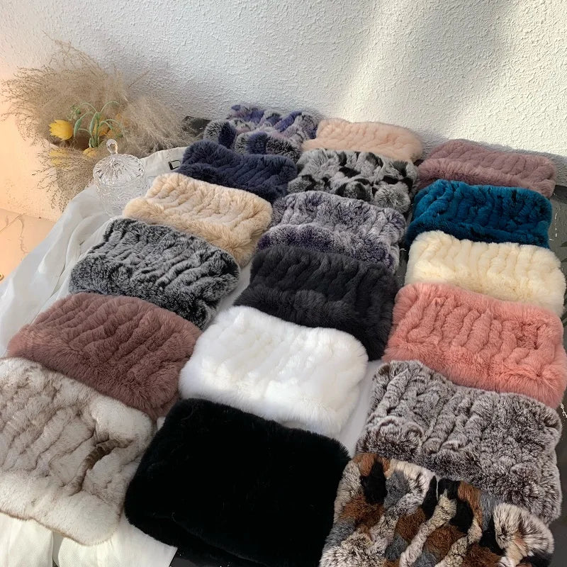 Women Handmade Stretch 100% Real Rabbit Fur Scarf Knit Genuine Rex Rabbit Fur Headbands Girls Natural Rabbit Fur Ring Scarves Beauty World Shop