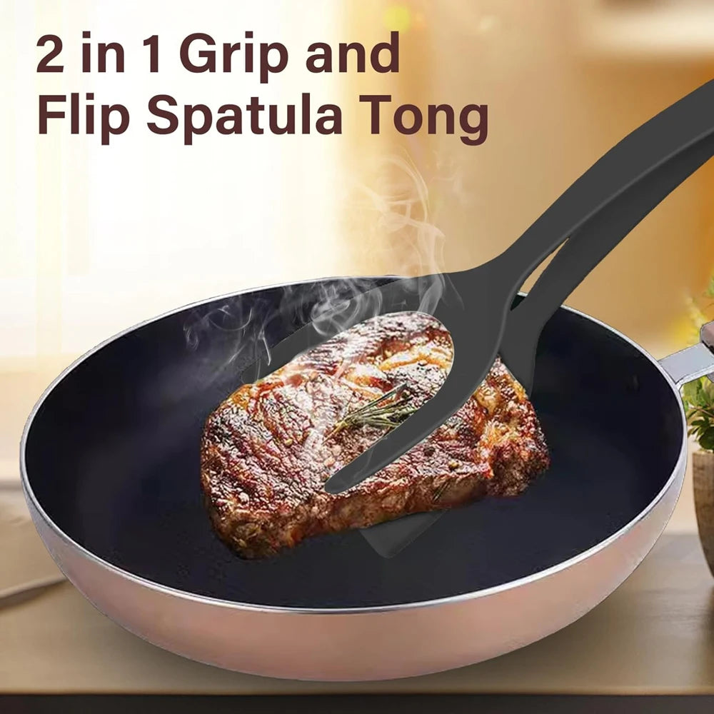 New 2 in 1 Grip Flip Spatula Tongs Egg Flipper Spatula Nylon Non Stick Coating Pancake Fish French Toast Omelet Making Tool Beauty World Shop