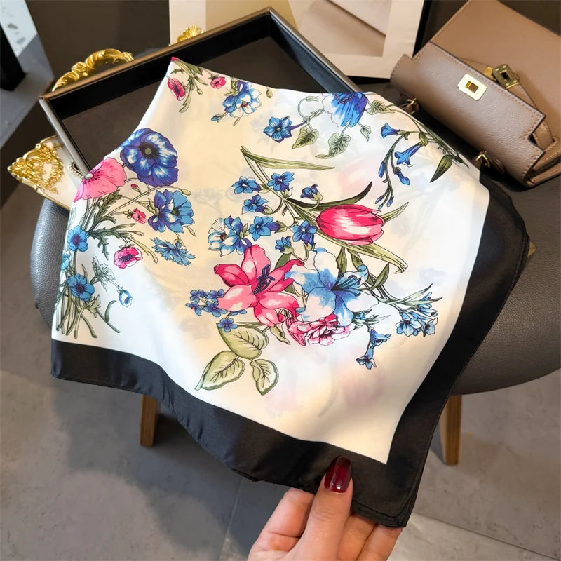 Luxury 2024 Silk Print Hair Scarf Women Floral Kerchief Neck Tie Hand Wrist Foulard Shawl Wraps Head Hijab Bandana Echarpe Beauty World Shop