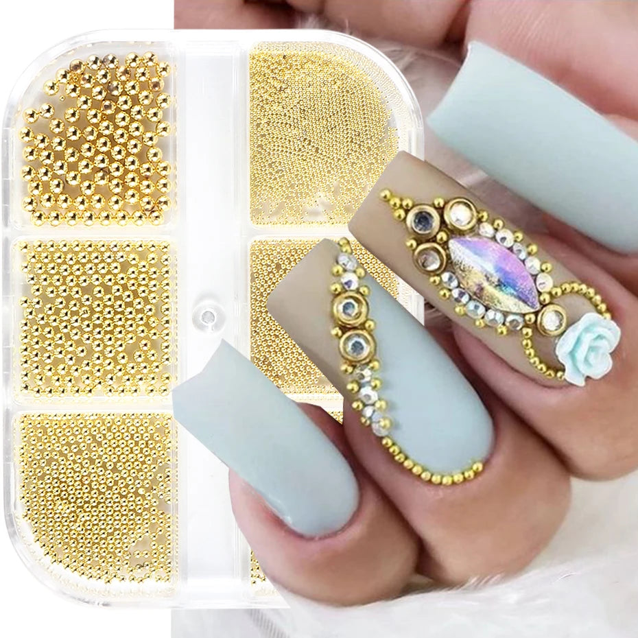 6 Grid Gold Mixed Size Stainless Steel Metal Bead Nail Art Decoration 3D Mini Small Caviar Ball Sliver Charm Pearl Manicure Beauty World Shop