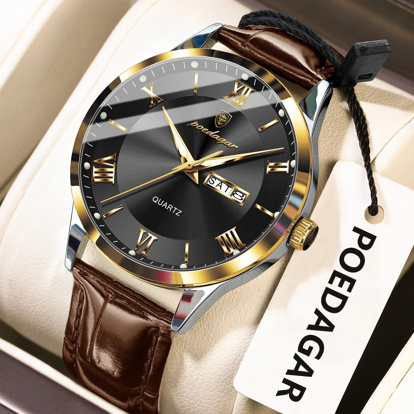 POEDAGAR Business Brand Men Clock Waterproof Luminous Date Week Fashion Man Wristwatch Leather Luxury Men's Quartz Watches Reloj Beauty World Shop