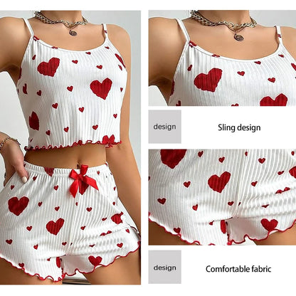 Women's Pajamas Set Sleepwear 2 PCS Short Tank Tops And Shorts S M L White Ventilate Soft Casual Love Printing Beauty World Shop