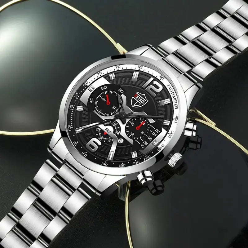 5PCS Set DEYROS Fashion Mens Calendar Watches Men Business Stainless Steel Quartz Wristwatch Male Casual Necklace Bracelet Watch Beauty World Shop