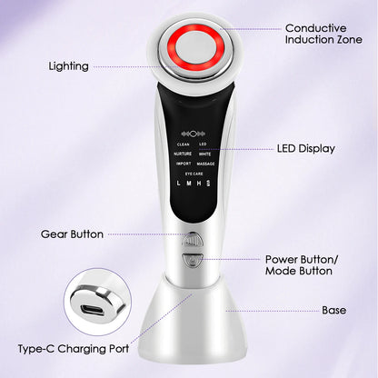 7 in 1 EMS Facial Massager Face Beauty Instrument with Induced Vibration and Hot Compress Face Skin Care Tool LED Light Therapy