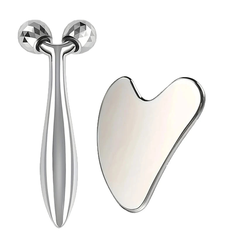 Facial care set, including a stainless steel facial gua sha tool with 3D roller massage function and an eye massager Beauty World Shop