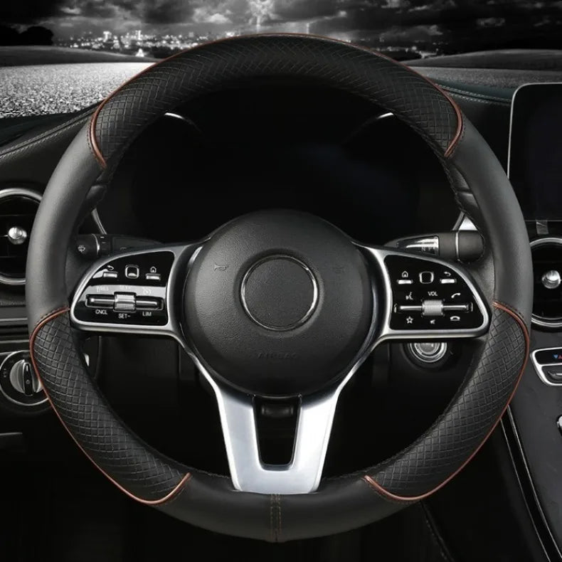 All Seasons Leather Diamond Steering Wheel Cover Universal Fit for 14 .5-15 Inch Durable Leather Cover Anti-Slip Veins Design Beauty World Shop