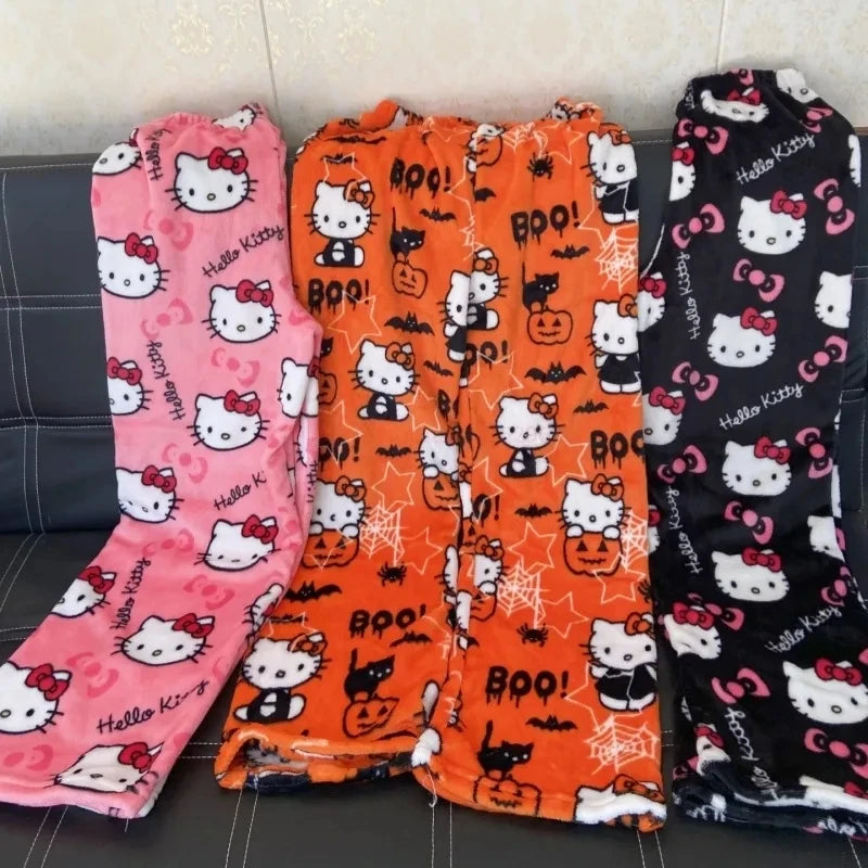2024 Sanrio Hello Kitty Pajamas Halloween Flannel Fashion Trouserswomen Kawaii Woolen Anime Cartoon Casual Home Pants Autumn Beauty Fashion