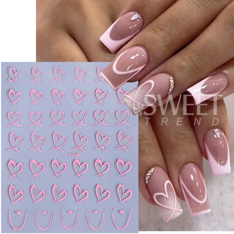 3pcs Valentine's Day Nail Art Stickers 3D Black White Pink Lines Love Heart Nail Decals DIY Adhesive Slider Manicure Decorations Beauty World Shop