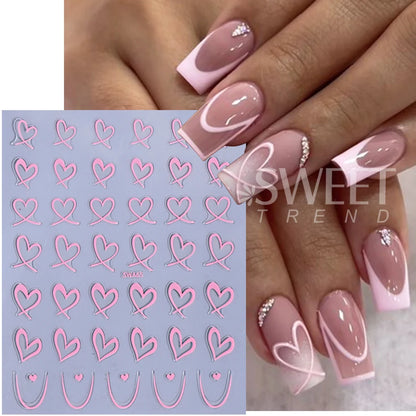3pcs Valentine's Day Nail Art Stickers 3D Black White Pink Lines Love Heart Nail Decals DIY Adhesive Slider Manicure Decorations Beauty World Shop