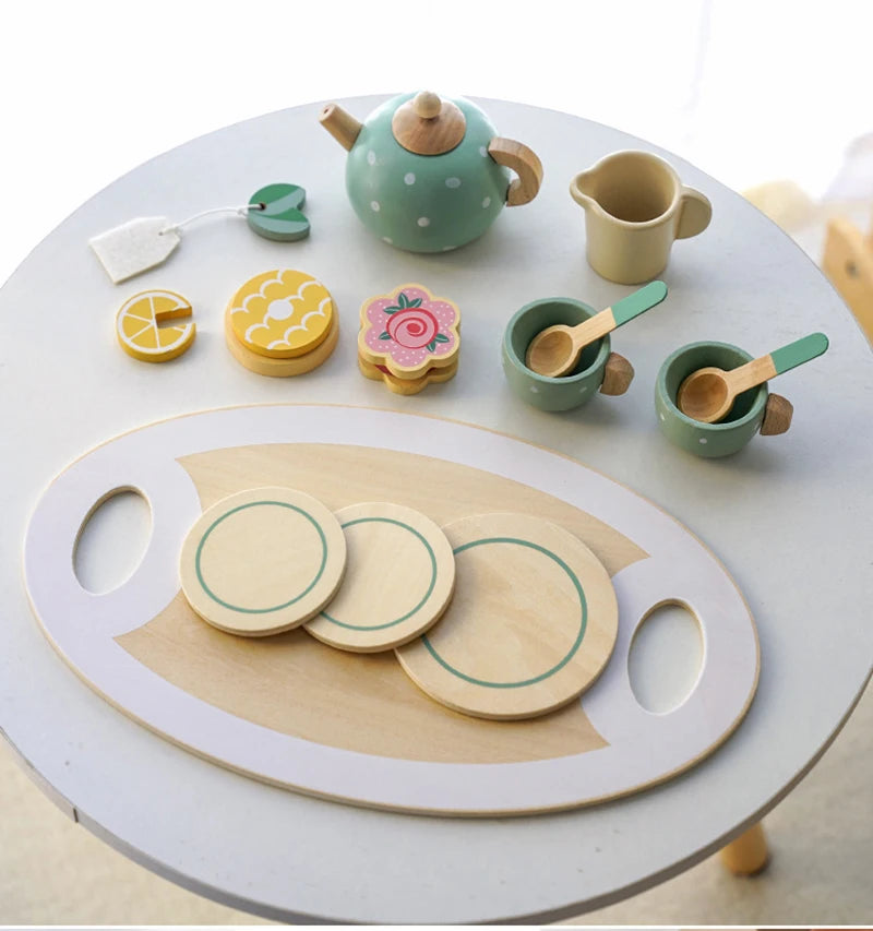 Kids Wooden Tea Set Play House Pretend Make Tea Play With Teapot Teacup Afternoon Snack Role Playing Toys Boys Girls Gift Beauty World Shop