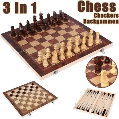 3 in 1 Chess Board, Folding Wooden Portable Chess Game Board, Wooden Chess Board for Adults(Chess + Checkers and Backgammon) Beauty World Shop