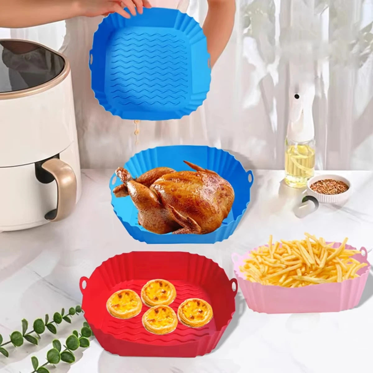 Silicone Air Fryer Pot Tray Food Safe Reusable Square BBQ Barbecue Pad Plate Airfryer Oven Baking Mold Basket Pan for Kitchen Beauty World Shop