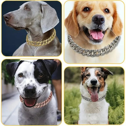 New Style Pet Collar Necklace Cat Dog Full Diamond Cuban Chains Dog Chains Lock Buckle Gold Silver Rose Gold Pet Supplies Beauty World Shop