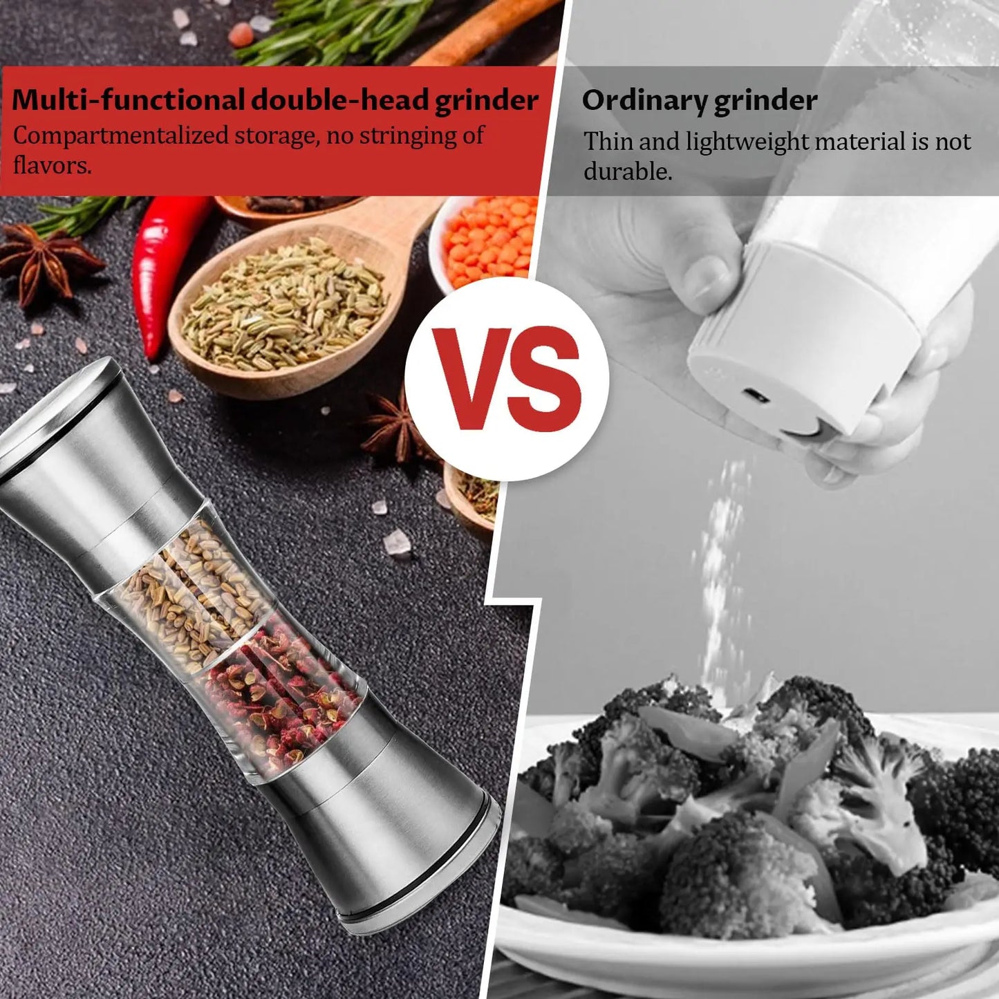 2-in-1 Adjustable Pepper Salt Grinder - Rustproof Stainless Steel Manual Mill with Double Heads & Coarseness Control Beauty Trend Shop