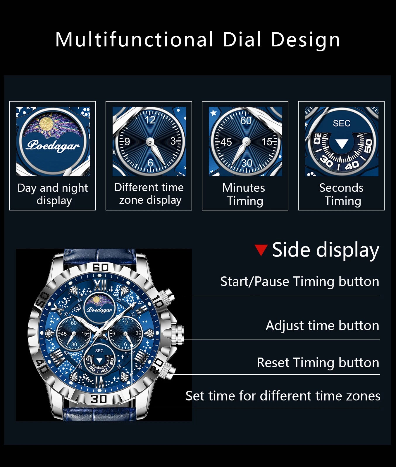 POEDAGAR Top Functional Luxury Man Wristwatch Waterproof Luminous Chronograph Leather Sports Watches For Men Quartz Men's Watch Beauty World Shop