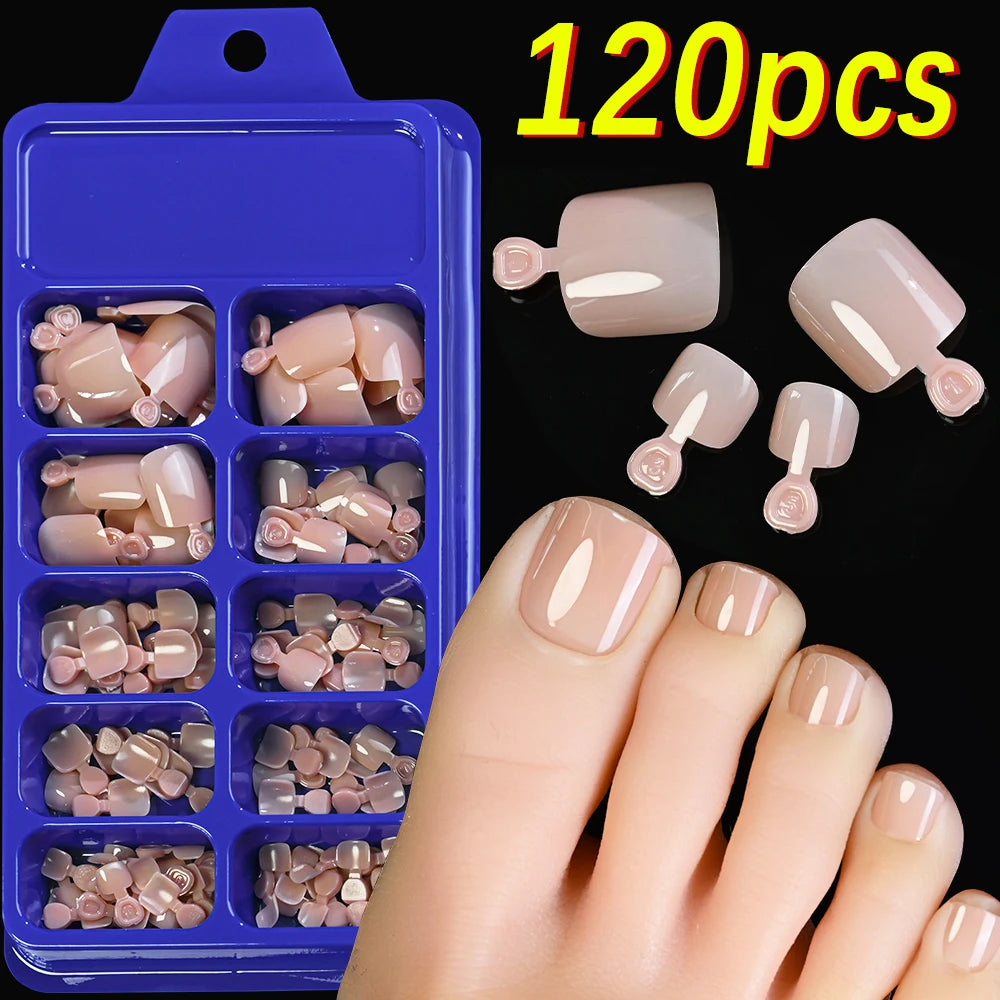 120Pcs 9-Colors French Fake Toenails Summer Short Sqaure Press On Toe Nails Tips Glossy Nude/Pink/Brown Full Cover False Toenail Beauty World Shop