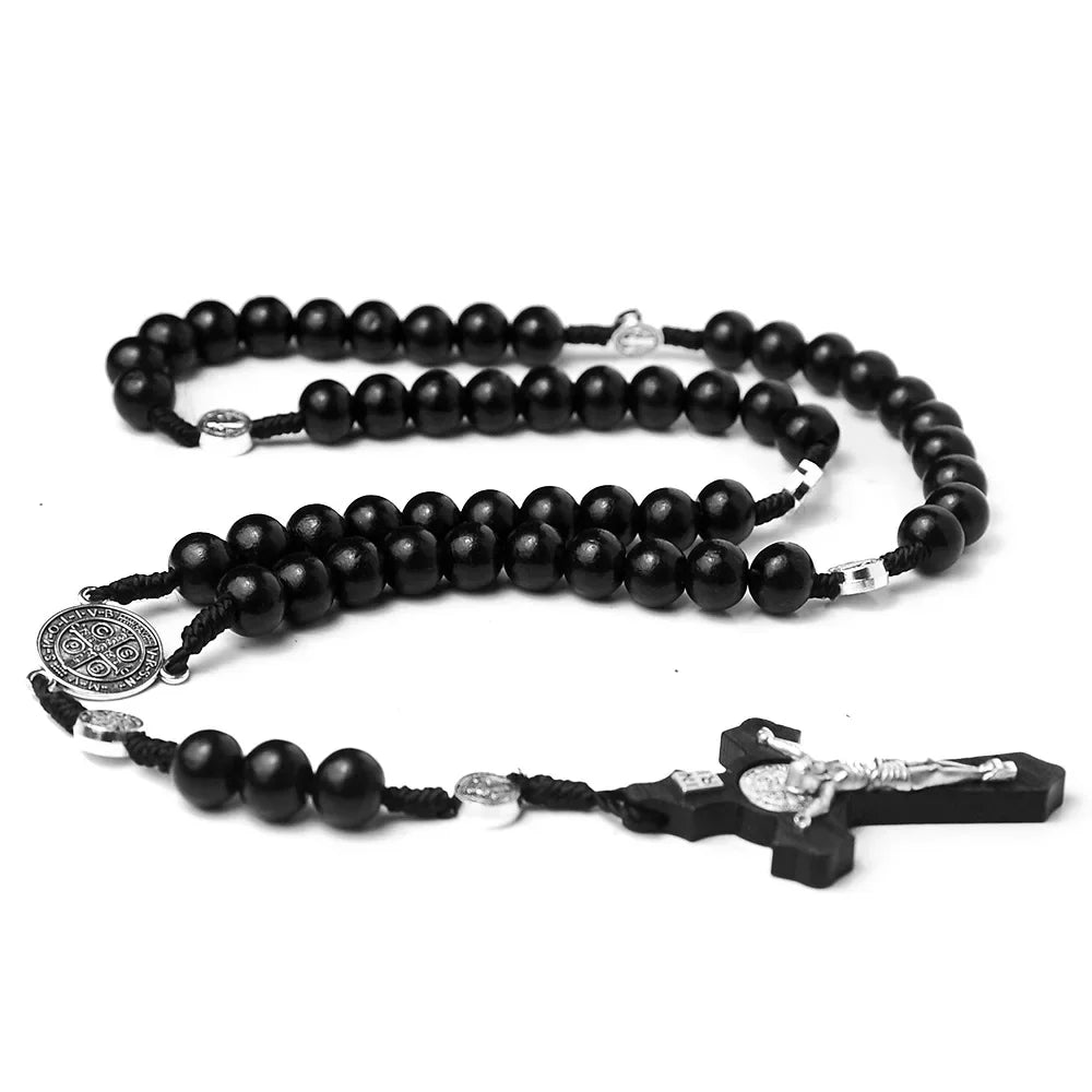 Catholic Wood Beaded Rosary Necklaces For Women Christian INRI Crucifix Cross Pendant Long Chain Men Religion Prayer Jewelry Beauty Trend Shop