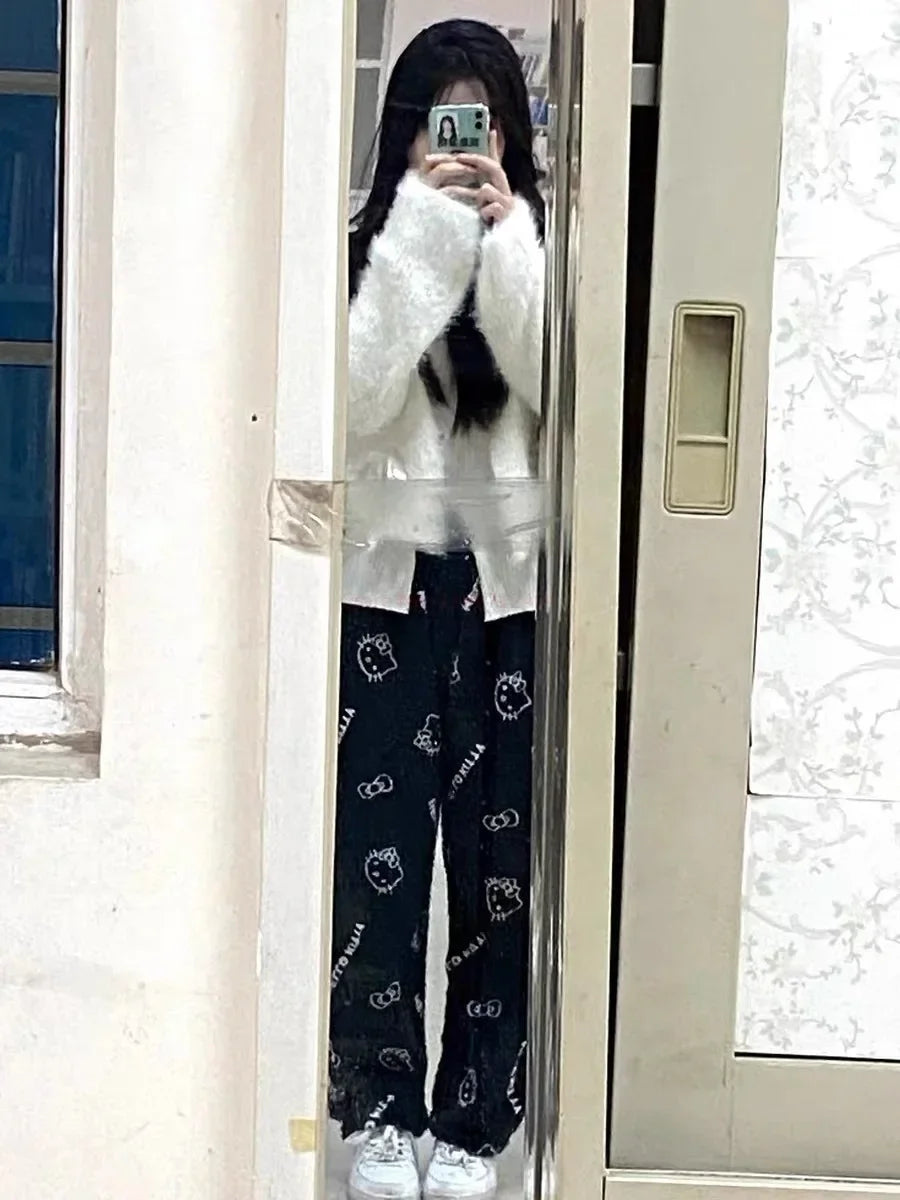 2024 Sanrio Hello Kitty Pajamas Halloween Flannel Fashion Trouserswomen Kawaii Woolen Anime Cartoon Casual Home Pants Autumn Beauty Fashion