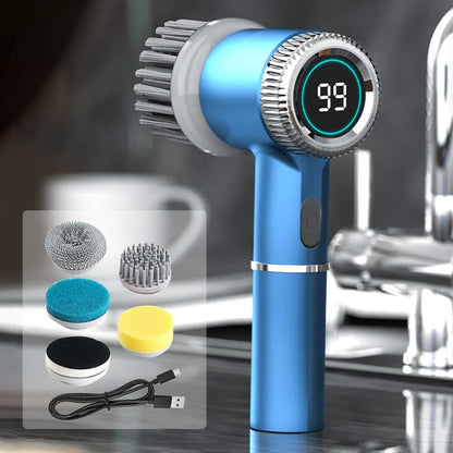 Electric Cleaning Brush LED Display with 5 Replaceable Brush Heads 3-speed Adjustable Cleaning Tool For Kitchen Bathroom
