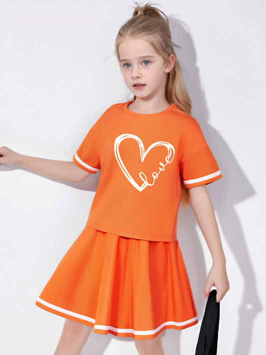 Summer girls' two-piece short sleeved top+pleated skirt set, printed pattern, casual and comfortable, suitable for outdoor sport THee STORE