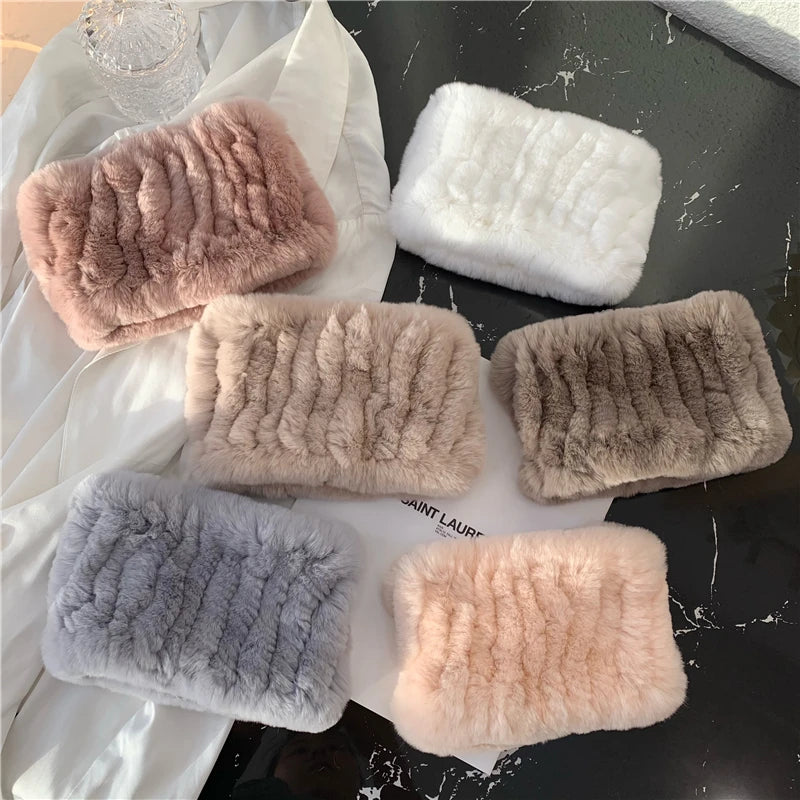 Women Handmade Stretch 100% Real Rabbit Fur Scarf Knit Genuine Rex Rabbit Fur Headbands Girls Natural Rabbit Fur Ring Scarves Beauty World Shop
