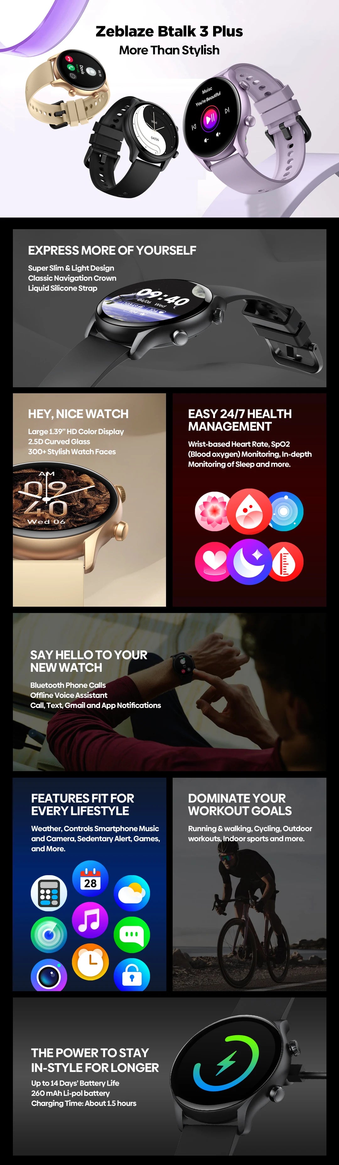 New Zeblaze Btalk 3 Plus Voice Calling Smart Watch 1.39'' Large HD Color Display Fitness Tracking Smartwatch for Men and Ladies Beauty World Shop