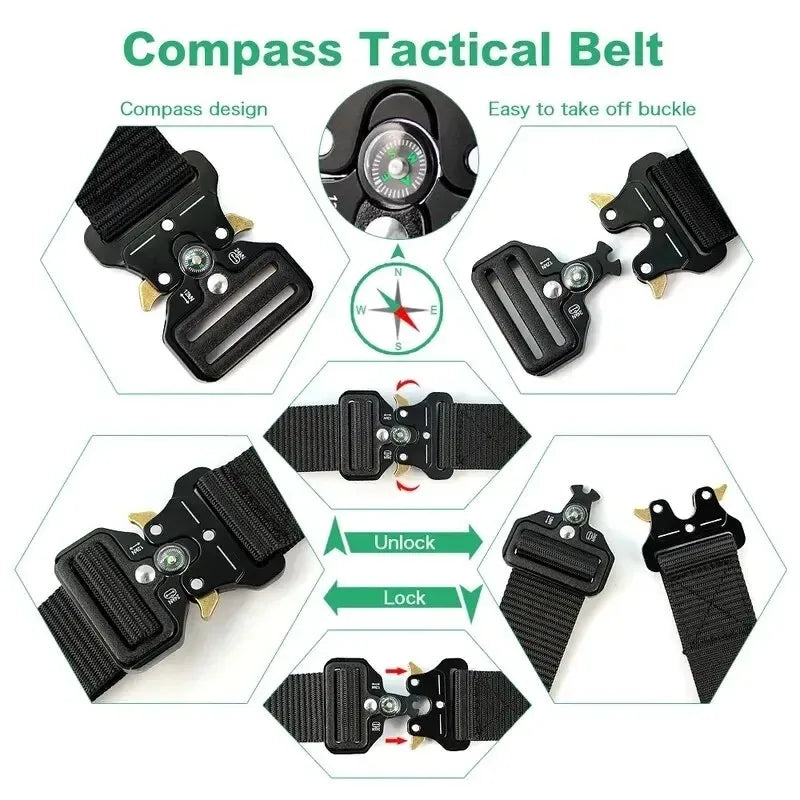 Compass Multi-Function Outdoor Tactical Belt for Men and Women Durable Quick-Dry Canvas Nylon Webbing Hiking Camping Sport Gear Beauty Fashion