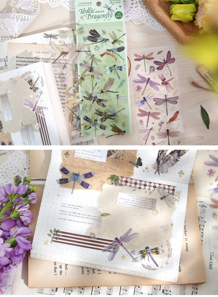 3pcs Kawaii Feather Dragonfly Bird Jellyfish Decorative Stickers Pack Scrapbooking Material Label Diary Phone Journal Planner Beauty World Shop