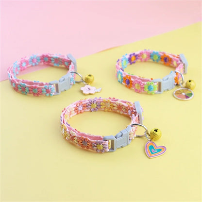 Fashion Rainbow Flower Cat Collar With Bell Kitten Puppy Necklace Adjustable Buckle Colorful Lace Kitten Collar Dog Accessories Beauty World Shop