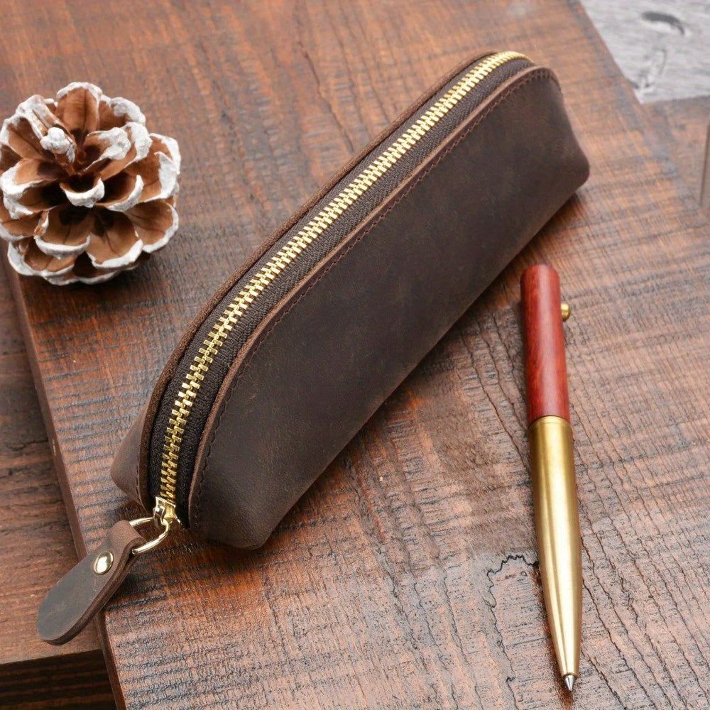 Vintage Leather Pencil Bag Simple Stationery Hoder Pen Case Storage Bag Zipper Pencil Pouch Glasses Box School Supplies Beauty World Shop