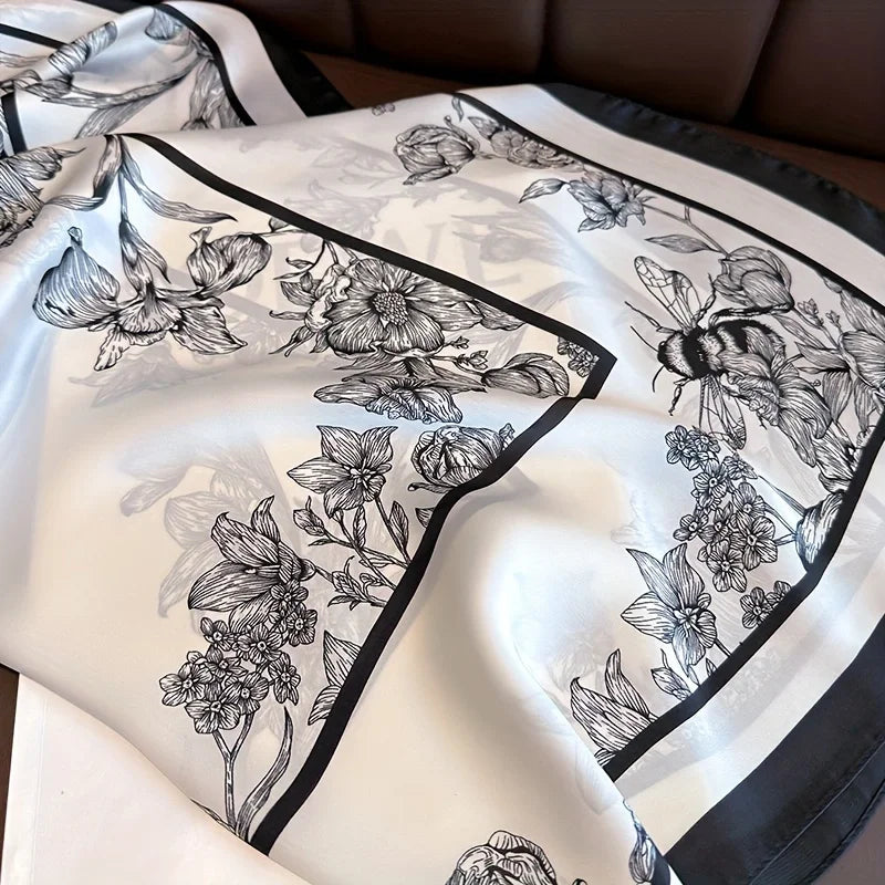 70cm Black White Floral Pattern Scarf Literary Floral Temperament Kerchief Clothes Accessory Scarves Shawl Sun Protection Scarf Beauty World Shop