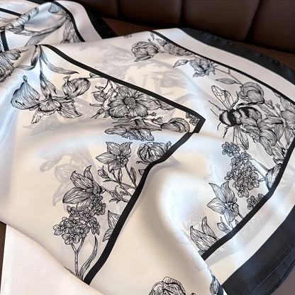 70cm Black White Floral Pattern Scarf Literary Floral Temperament Kerchief Clothes Accessory Scarves Shawl Sun Protection Scarf Beauty World Shop