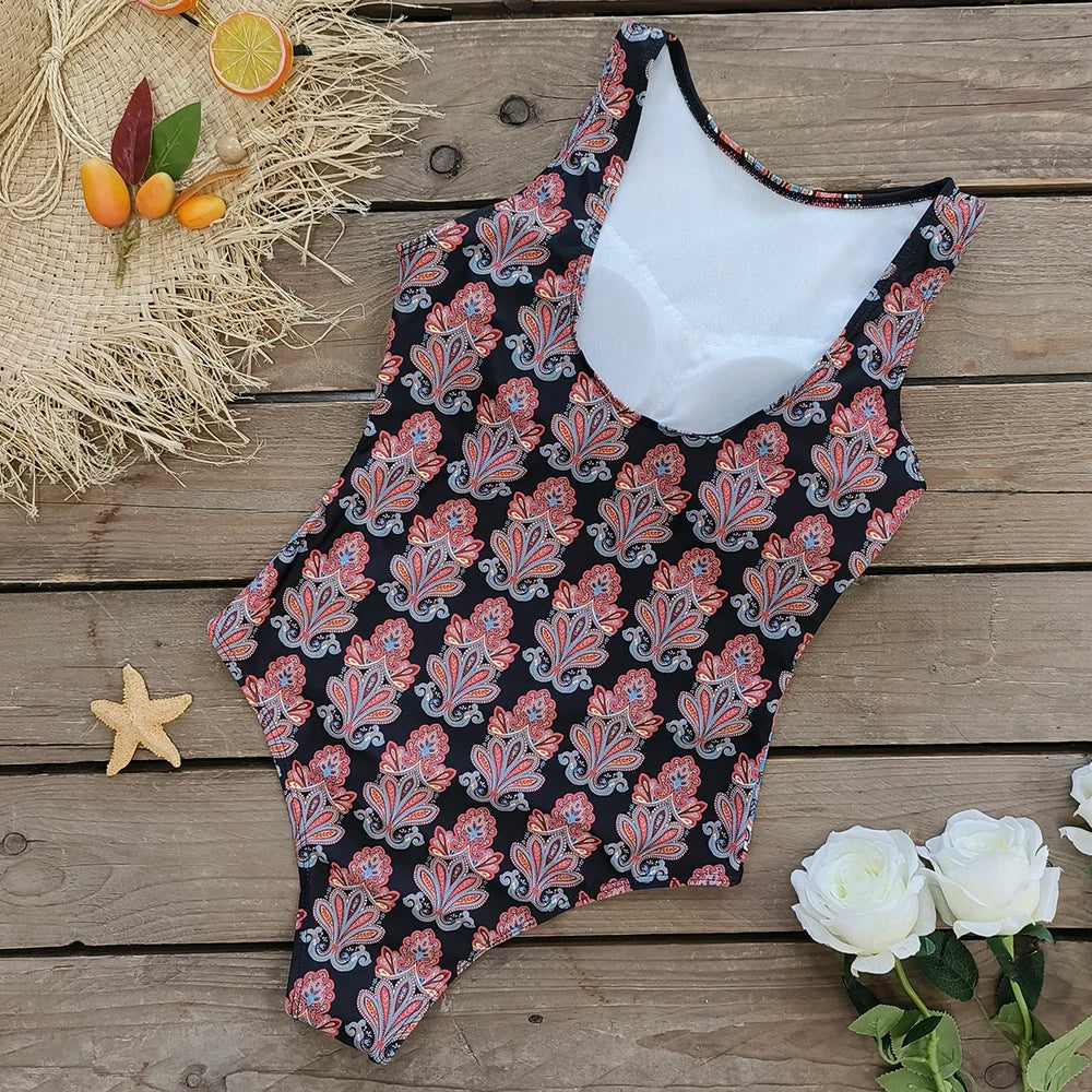 2026 New Printed One-piece Swimsuit Classic Printed Lace Up Swimsuit Women's Push Up Flower One-piece Suit Beach Wear For Female Beauty World Shop