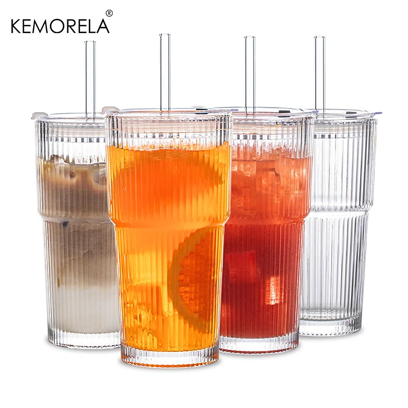 600ML Stripe Glass Coffee Cup With Lid and Without Cover Straw Transparent Drinking Glasses for Juice Iced Coffee Mugs Drinkware Beauty World Shop