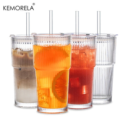 600ML Stripe Glass Coffee Cup With Lid and Without Cover Straw Transparent Drinking Glasses for Juice Iced Coffee Mugs Drinkware Beauty World Shop