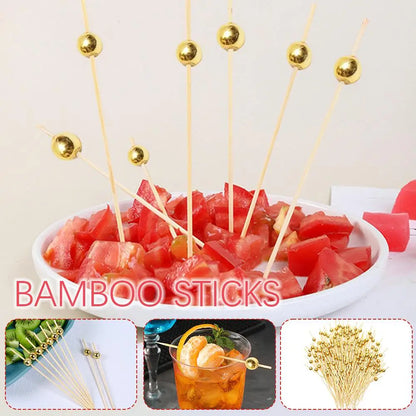 200/100/25Pcs Gold Pearl Cocktail Picks Food Fruit Picks Wedding Party Disposable Cake Dessert Cocktail Sticks Toothpick Skewer Beauty Trend Shop