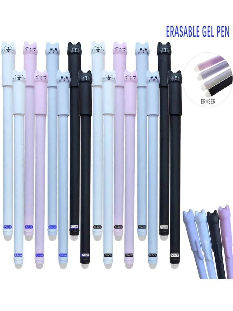 4/8/12pcs Creative Cat Erasable Gel Pens Set 0.5mm Washable Handle Magical Blue/Black Ink Erasable Refills Rod Writing Stationer Beauty World Shop