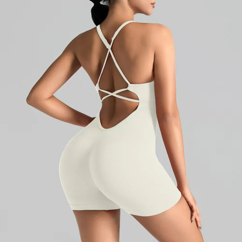 Women's Sexy Slim-Fit Yoga Shorts Jumpsuit Seamless Back Workout Bodysuit Breathable Quick-Dry Gym Running Pilates Fitness yoga Beauty World Shop