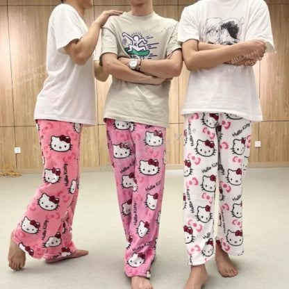 2024 Sanrio Hello Kitty Pajamas Halloween Flannel Fashion Trouserswomen Kawaii Woolen Anime Cartoon Casual Home Pants Autumn Beauty Fashion
