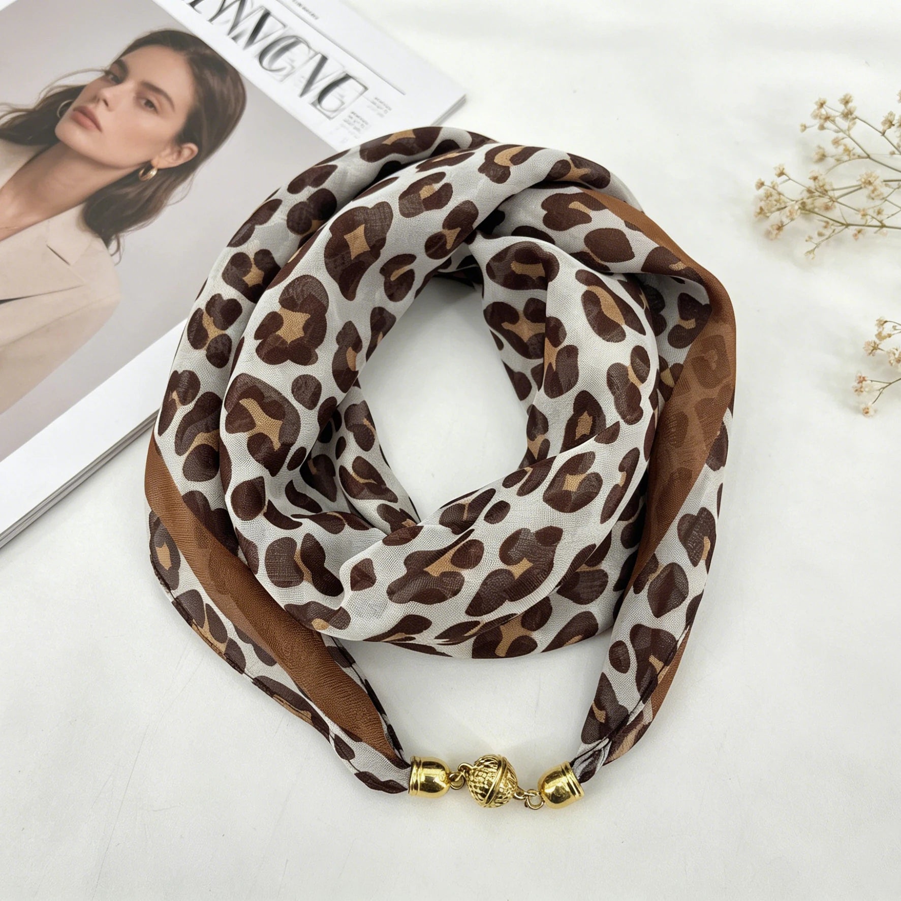 Leopard Print Magnetic Buckle Scarf, 60cm Square Thin Chiffon Neck Scarf, Quick & Easy Wear Fastening Neck Wrap,Decorative Scarf Beauty World Shop
